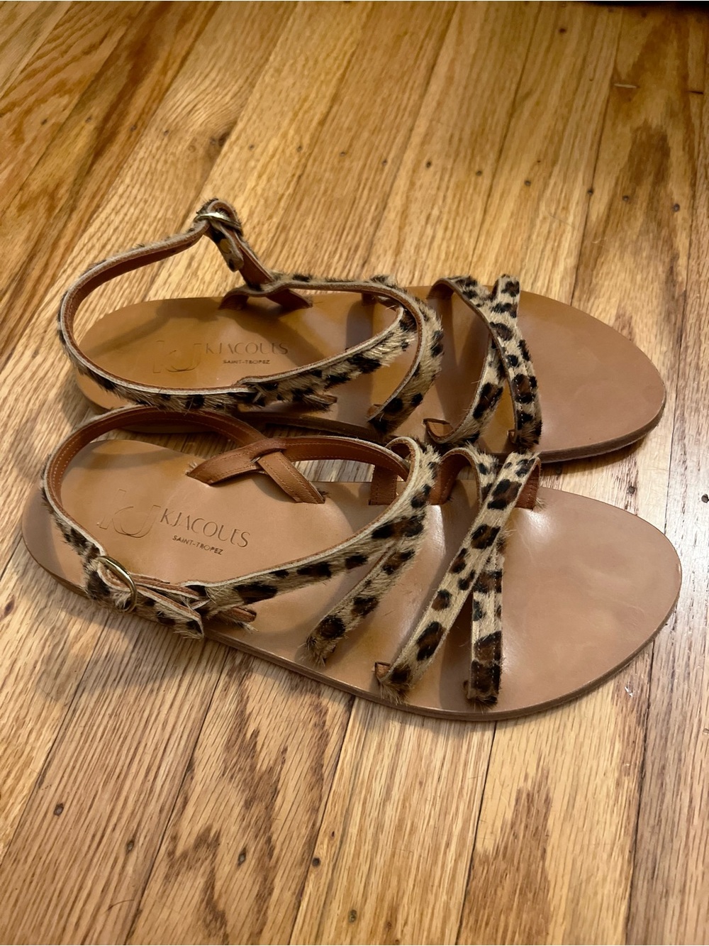 K.Jacques Leopard Haircalf Strappy Sandals in Brown and Black
